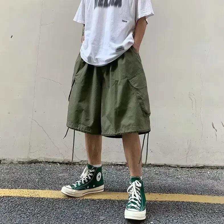 Loose Casual Men's Workwear Shorts Summer Wide Leg Drawstring Five-Quarter Pants Retro Japanese Style Outerwear Shorts