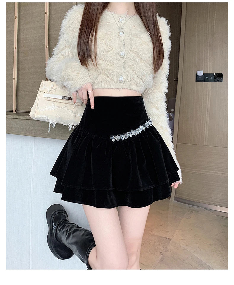 Bla Velvet Cake f Skirt Women's Autumn Winter High Waist A-Line Fluffy ort Skirt Small Size Pleated f Skirt