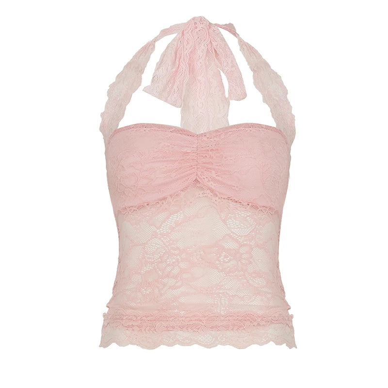 Cuteandpsycho Sexy Lace Patchwork Y2K Camisoles Backless Transparent Slim Outfits Party 90s Vintage Clubwear Halter Neck Tops