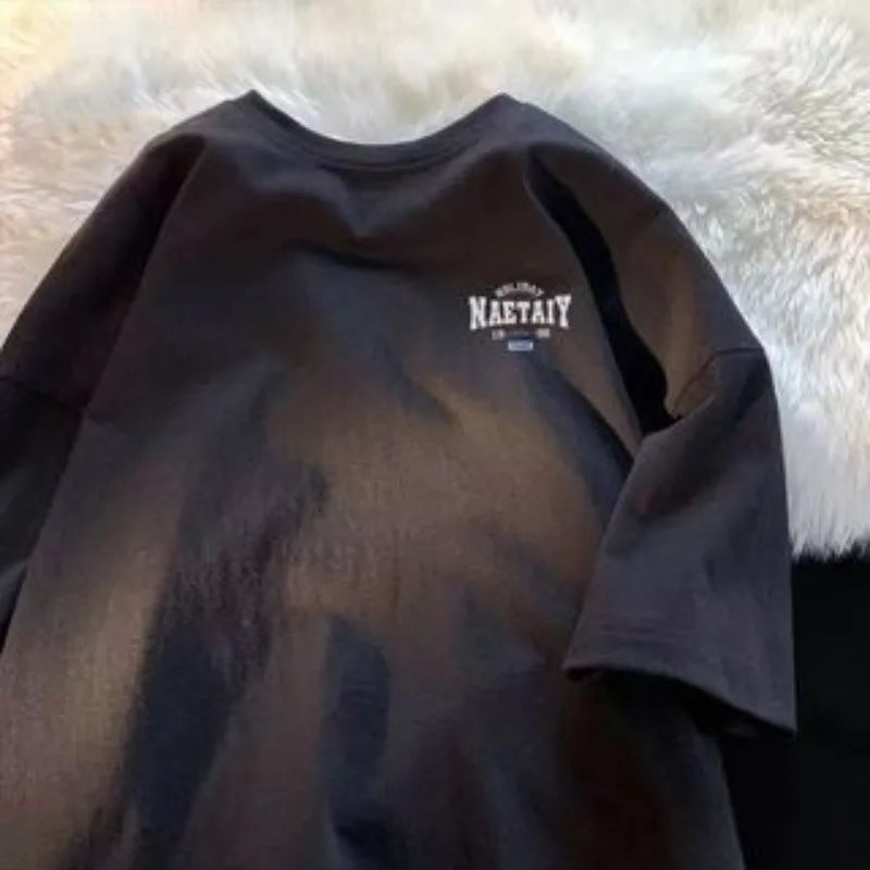 8XL Men Oversized Fashion Loose American Vintage Letter NAET Print Short Sleeve Round Neck Versatile Trend Couple outfit