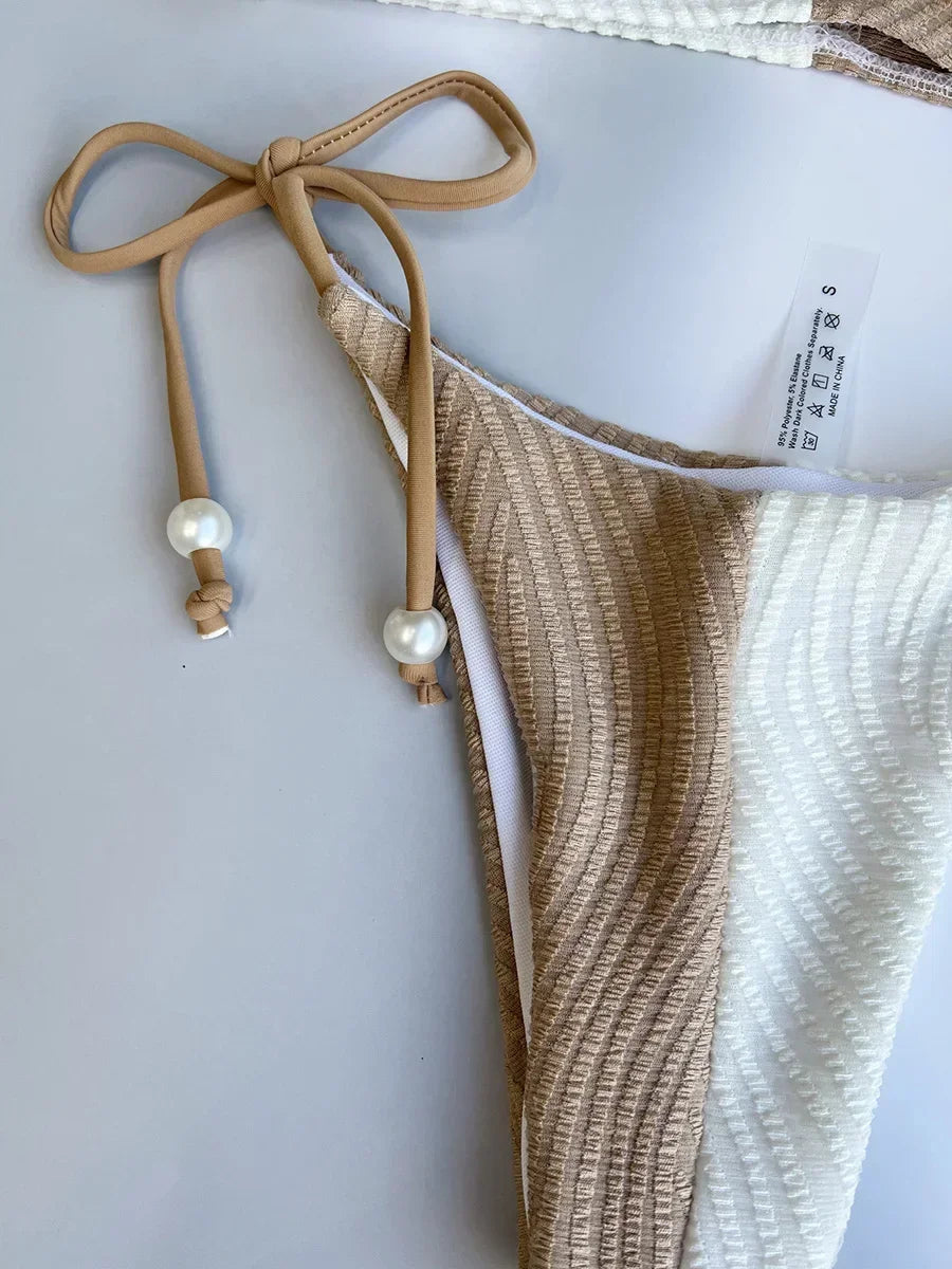 XS - L Splicing Halter Hollow Out Ribbed Bikini Female Swimsuit Women Swimwear Two-pieces Bikini Set Pearls Bathing Suit Swim
