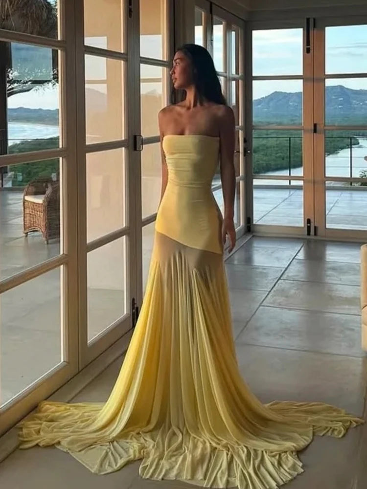 Nibber Patchwork Dress Women See Through Temperament Solid Pleated Strapless Sleeveless Backless Slim Banquet Party Vestidos