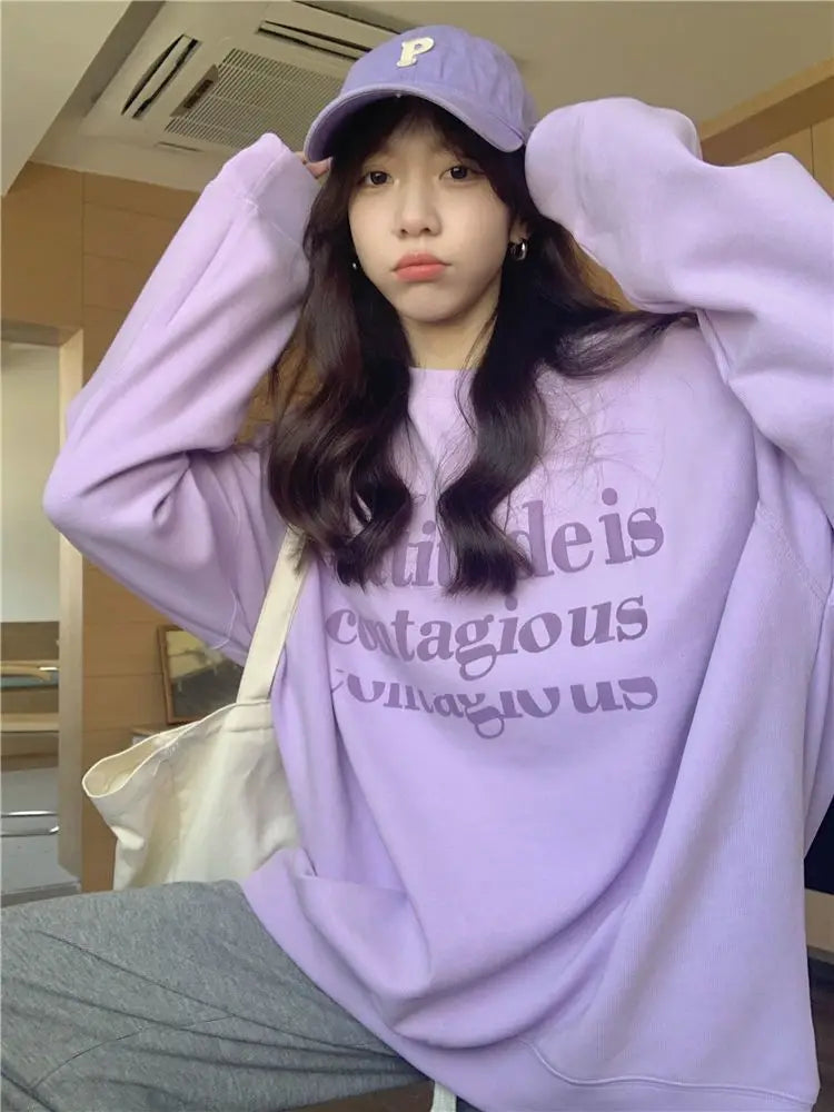 Oversize Round Neck Women's Hoodie Purple Spring and Autumn Thin Loose 2024 New Long Sleeved Top Plus Size Jacket