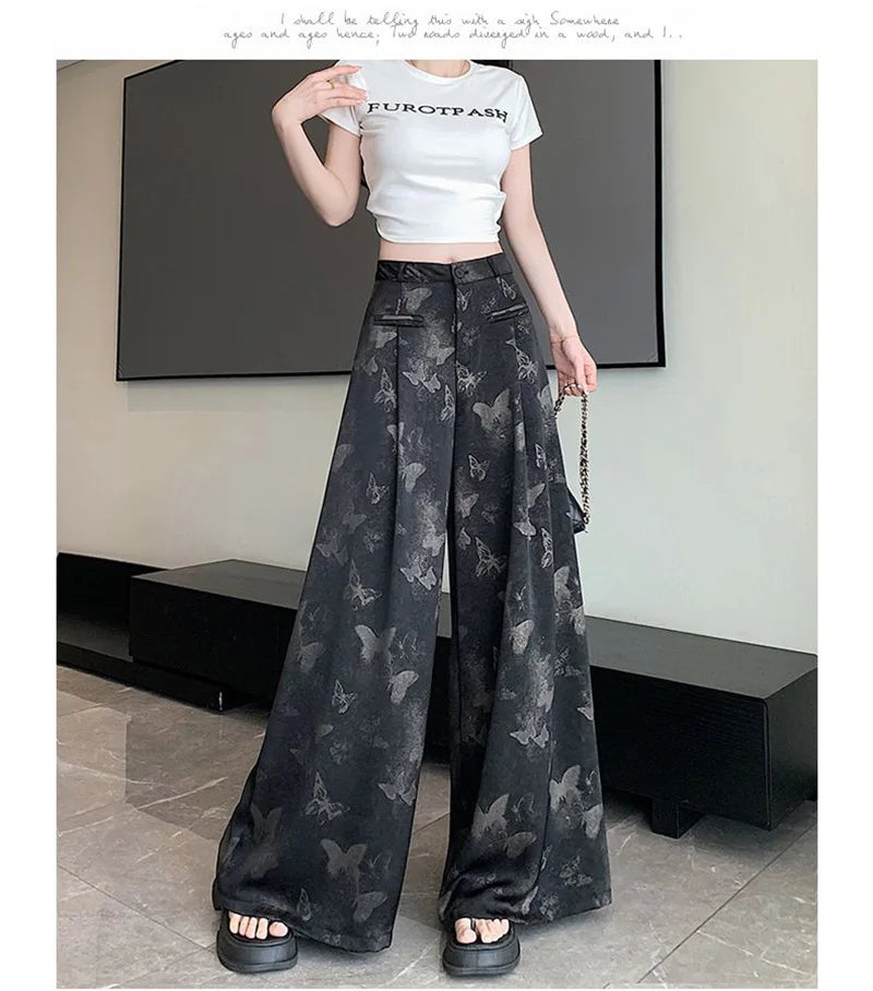 Zoki Bufferfly Print Satin Wide Leg Pant Women Loose Elegant Fashion High Waist Korean Trousers Casual Sweet High Quality Pants