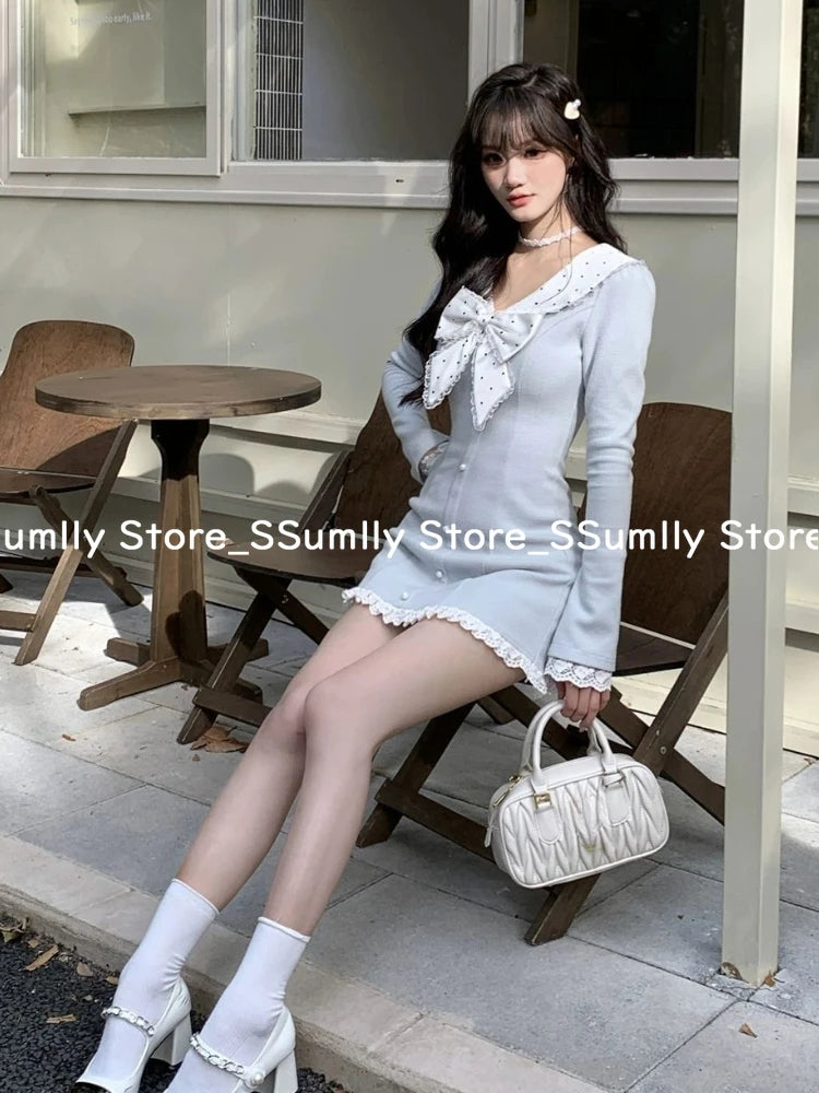Korea Sweet Bow Long Sleeve Dresses Women Spring New Design Sense A-line Short Dress Blue Kawaii Patchwork Party Clothes 2025