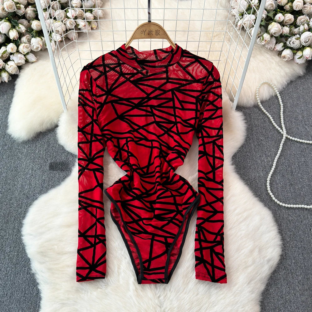 Foamlina Sexy Hollow Out Mesh Bodysuits for Women Fashion Striped Print Stand Collar Long Sleeve Slim Fit Club Party Jumpsuits