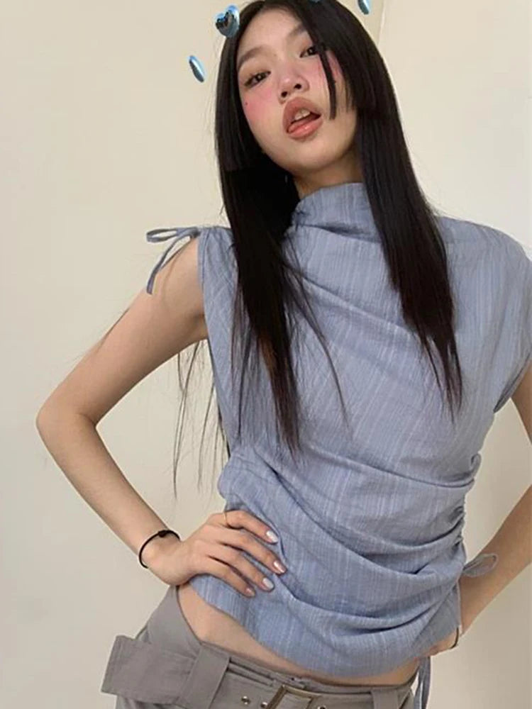 Zoki Streetwear Y2K Slim Tanks Women Shirring Vintage Casual Tops Summer Sleeveless Female Retro Half Turtleneck Harajuku Tanks