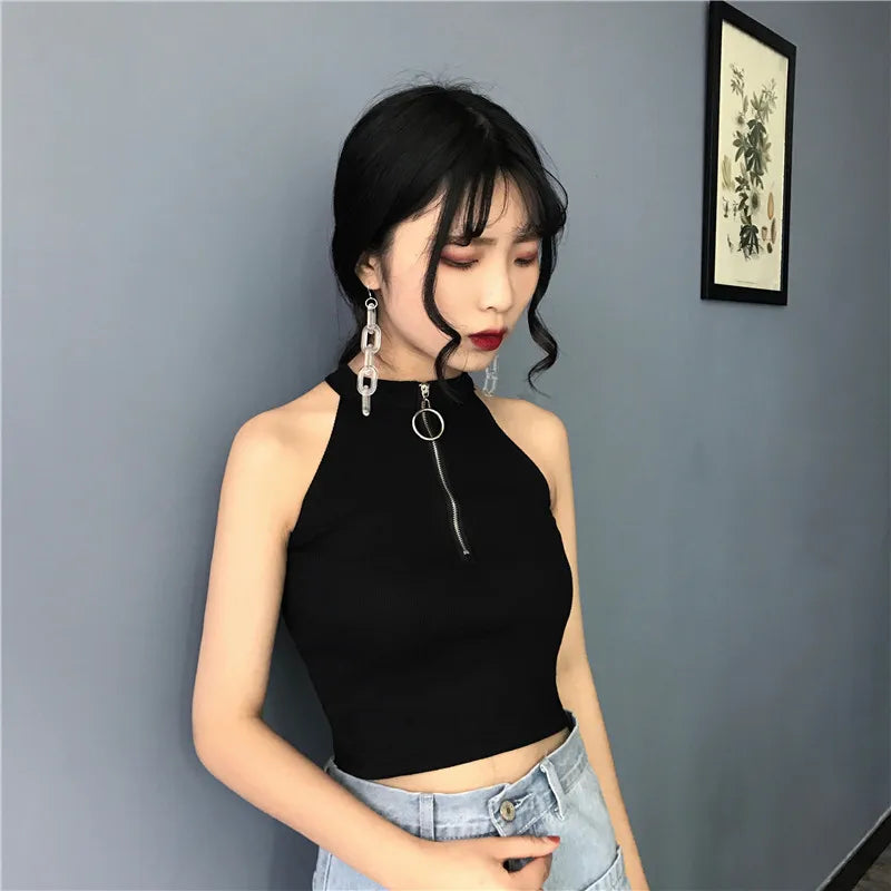 Retro Zipper Crop Tops Women Short Knitted Camisole Sleeveless Leisure Tank Top Camis Summer 2022 New