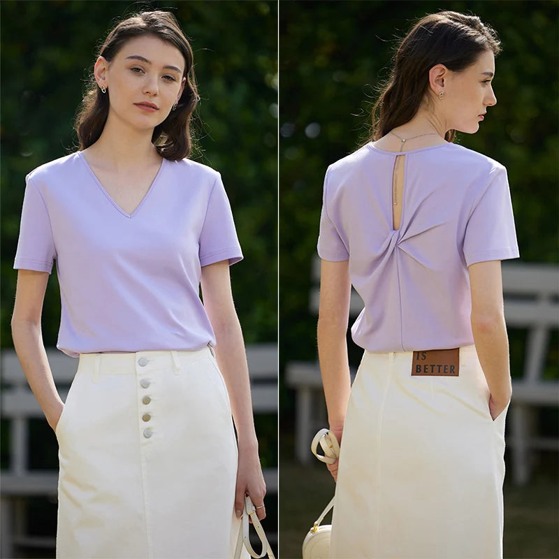 AMII Minimalism 100% Cotton Hollow Out Solid Short Sleeves Tees 2025 Spring New V Neck Top Women Casual Female T Shirt 12342289