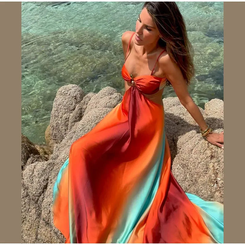 Summer New Colorful Print Beach Dress For Women Sexy Hollow Out High Waist Pleated Maxi Dresses 2025 Vocation Female Vestidos