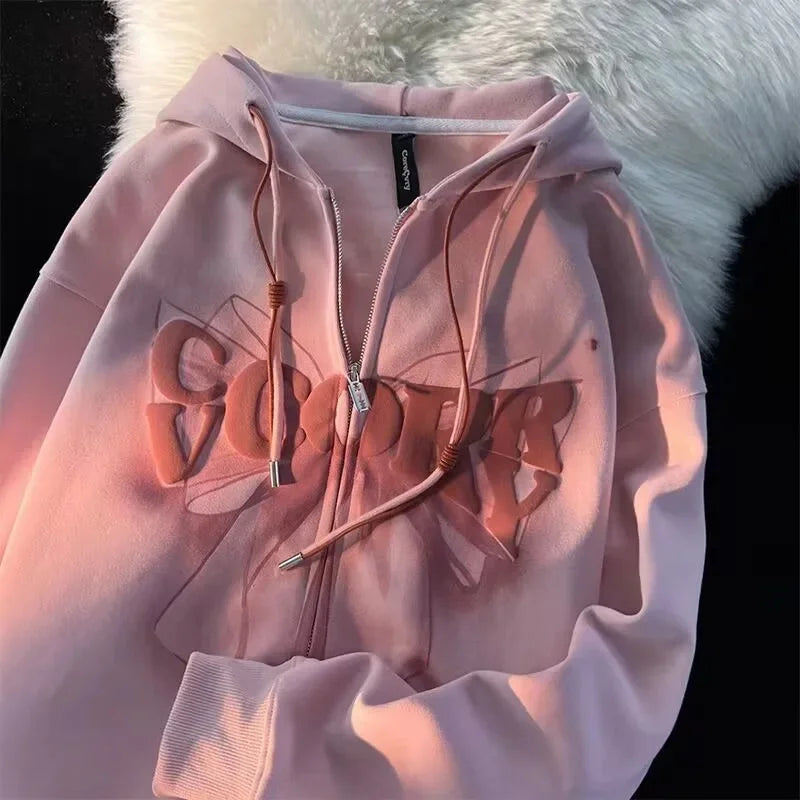 Early Autumn Thin Sweet Cool Butterfly Knot Hoodie Women Loose Couple Open Cardigan Jacket Zipper Top Trendy Streetwear