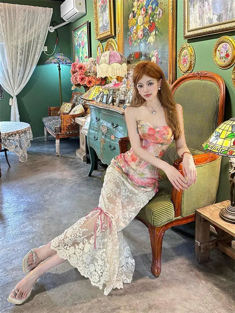 Summer Women Two Piece Set Floral Corset Top and Lace Midi Skirt Elegant Mesh Outfit Slim Fit Vintage French Style Beach Suit