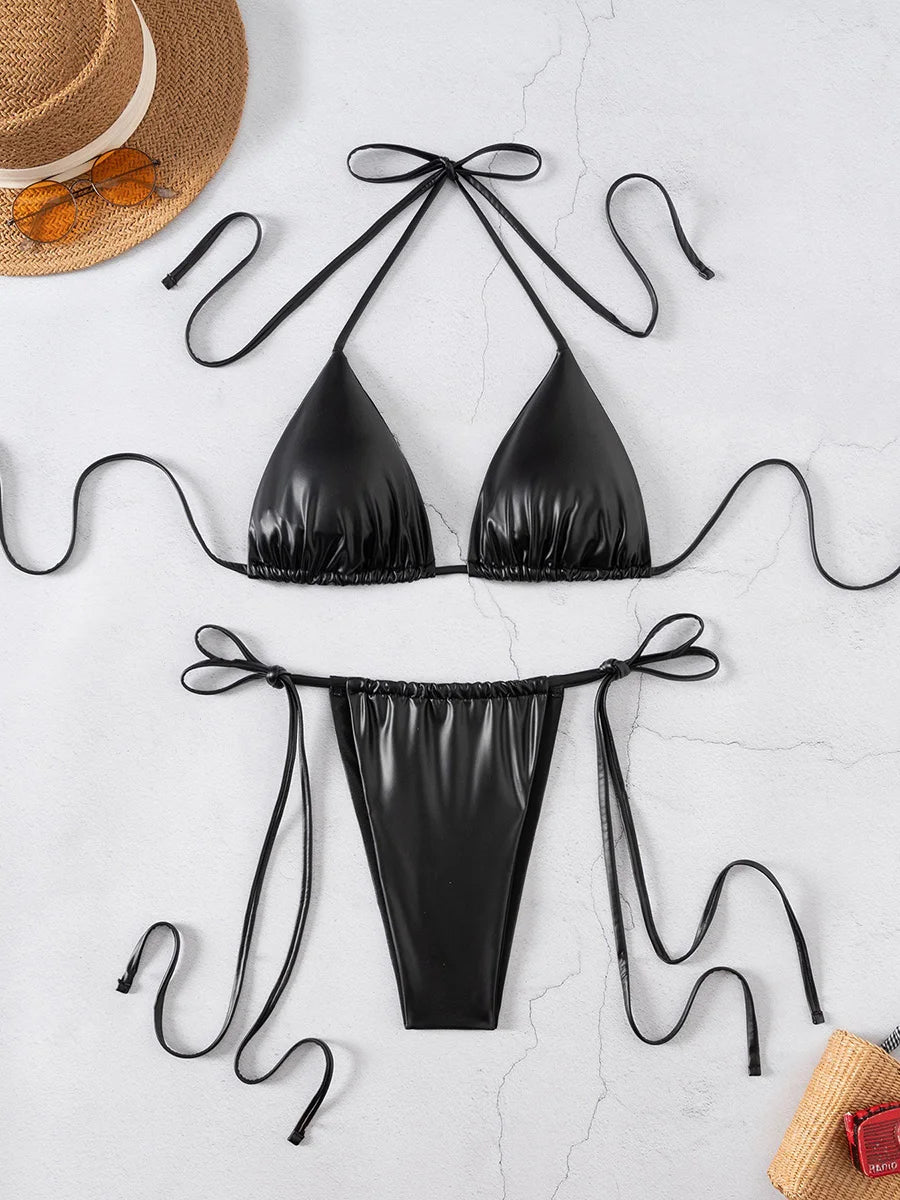 PU Faux Leather Mini Micro Thong Bikini Female Swimsuit Women Swimwear Two-pieces Bikini Set Bather Bathing Suit Swim Beachwear