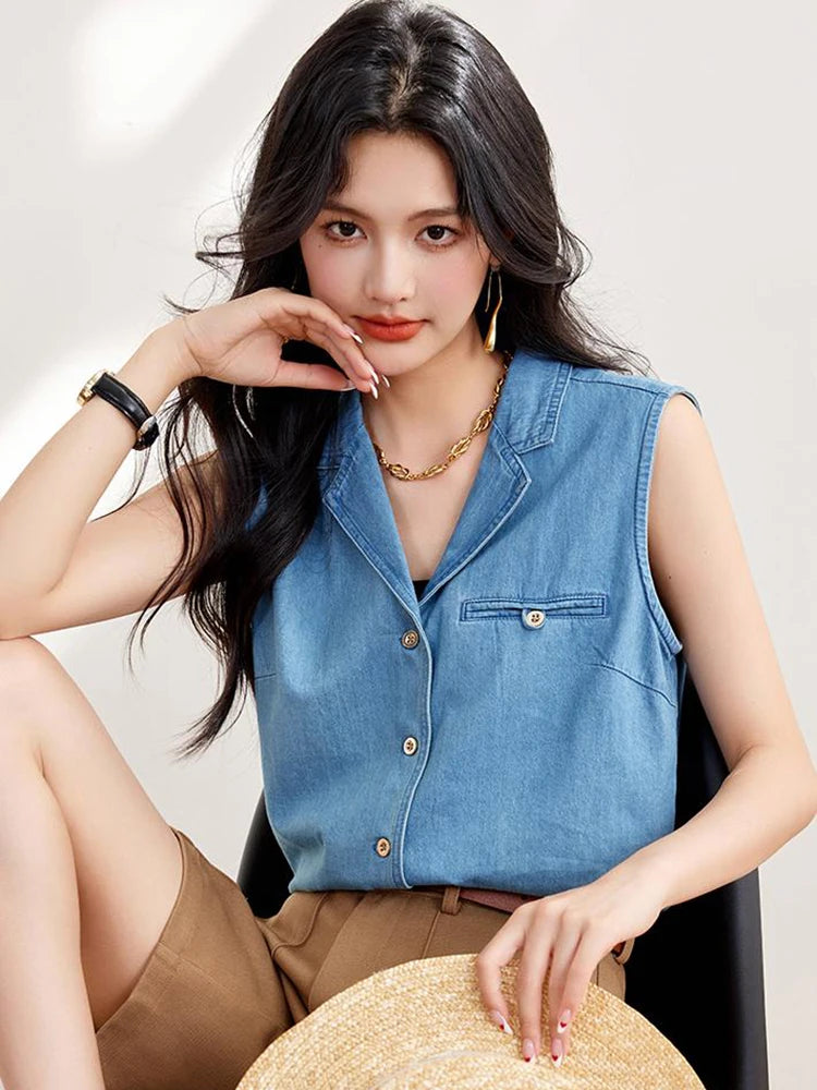 Vintage Sleeveless Tank Top Women Fashion Turn-down Collar Casual Vest Shirts Spring Summer Casual Denim Shirt
