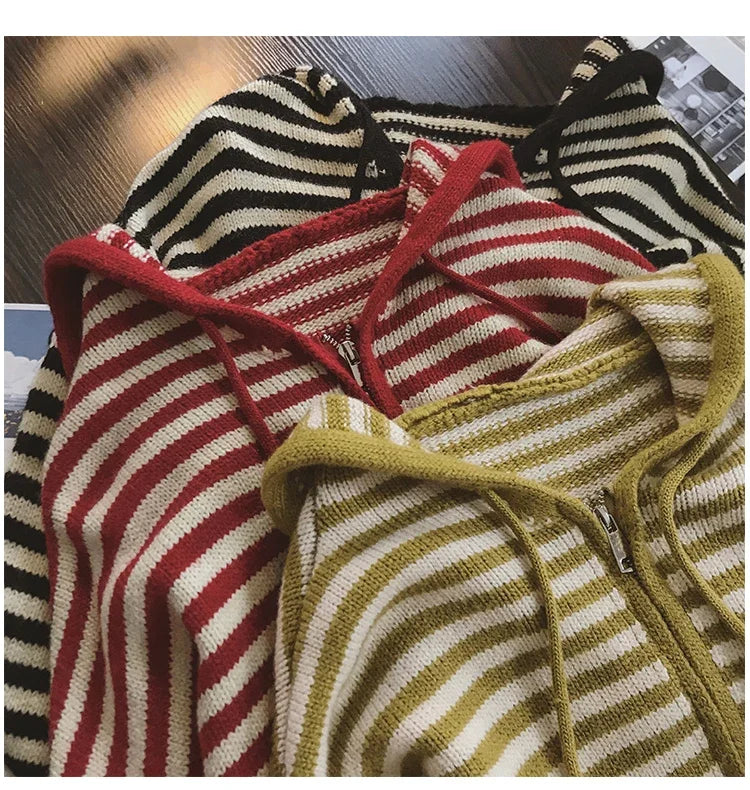 Contrast Color Stripe Hood Knit Cardigan Women Autumn and Winter New Loose Design Sense Long Sleeve Cardigan Sweater Outerwear