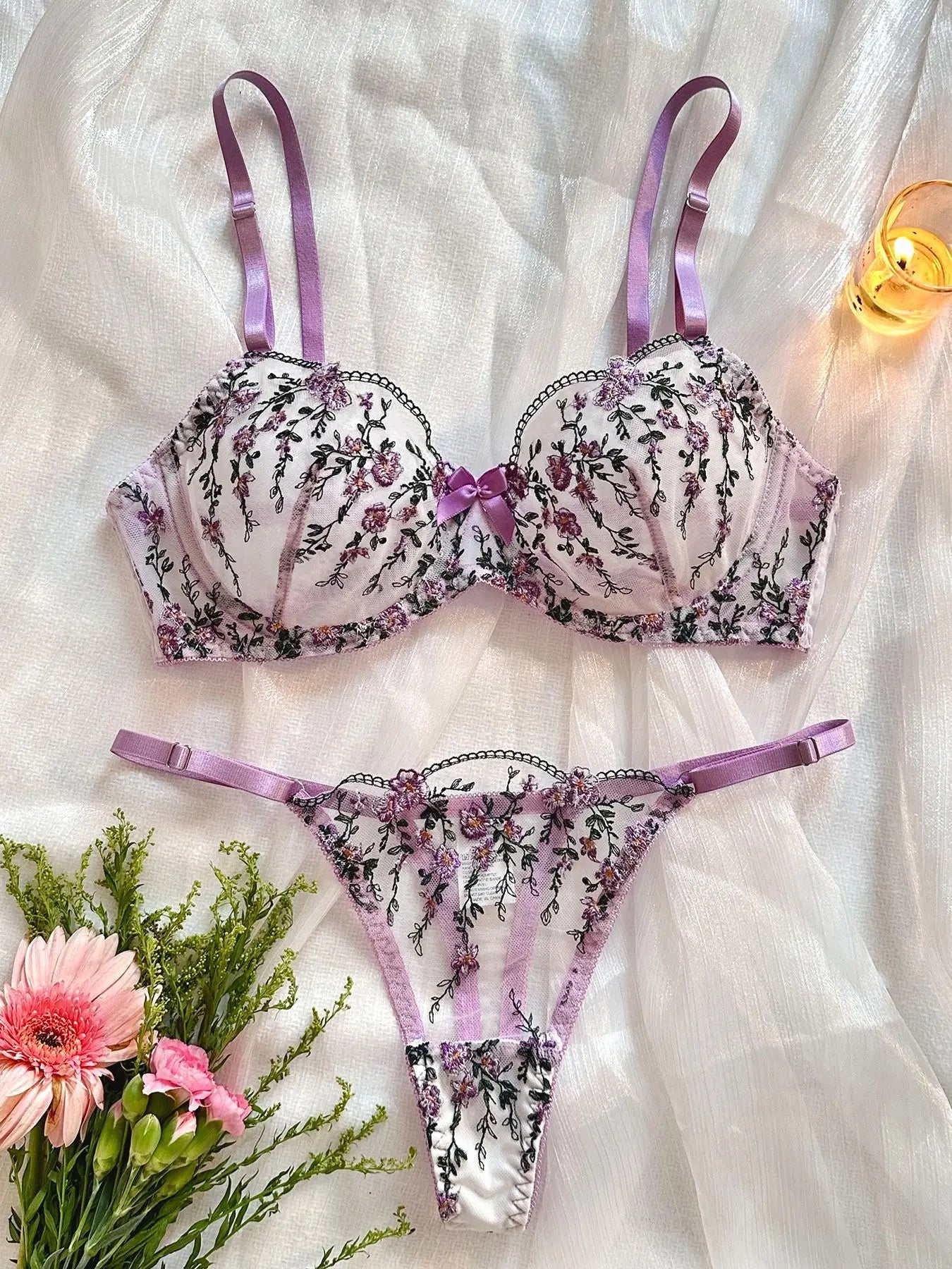Sexy Women Lingeries Embroidery Floral Underwear Transparent Lace Short Low-waist Kits Sweet Delicate Fairy Bra Bra & Brief Sets