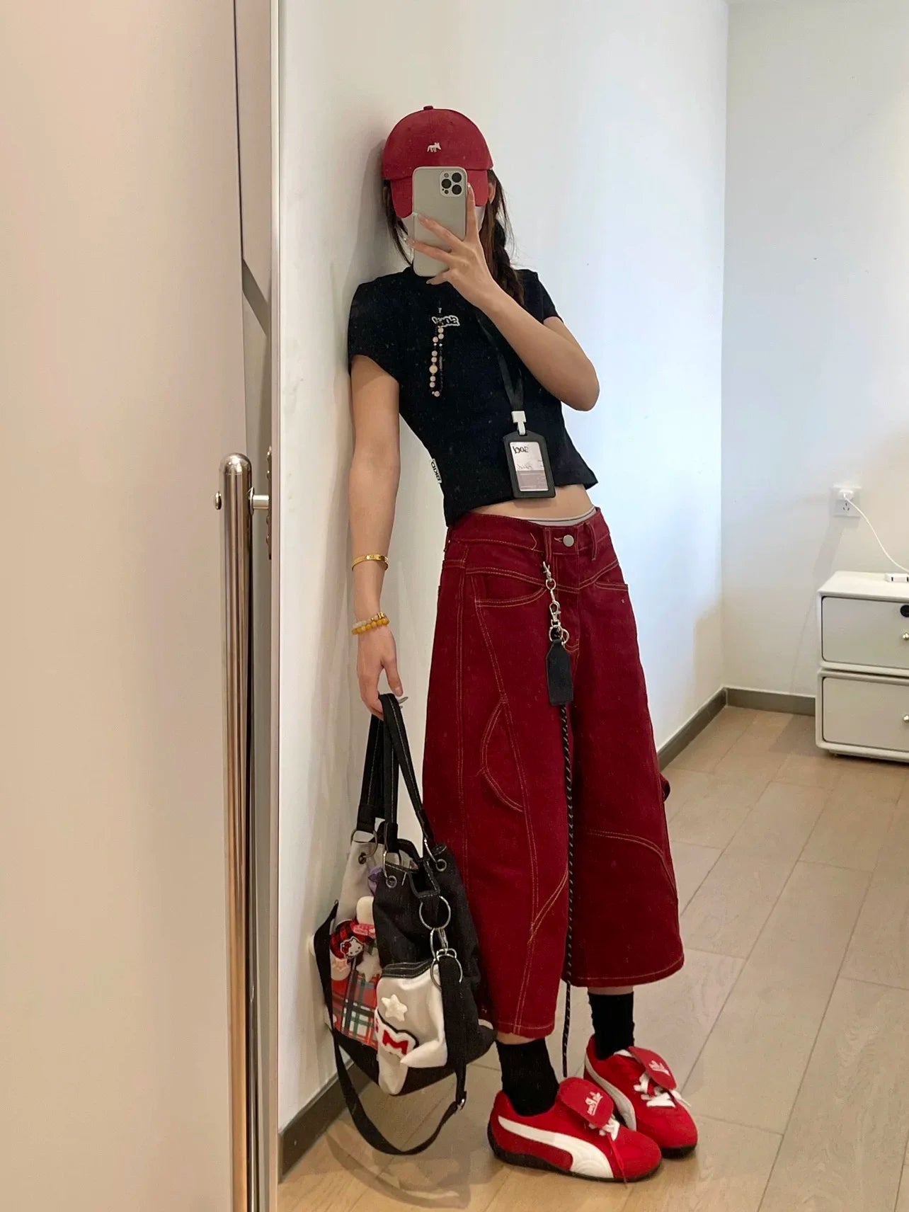 Botvotee Burgundy Calf Jeans for Women High Waisted Wide Leg Baggy Cargo Denim Shorts 2000s Y2k Vintage Streetwear Short Jeans