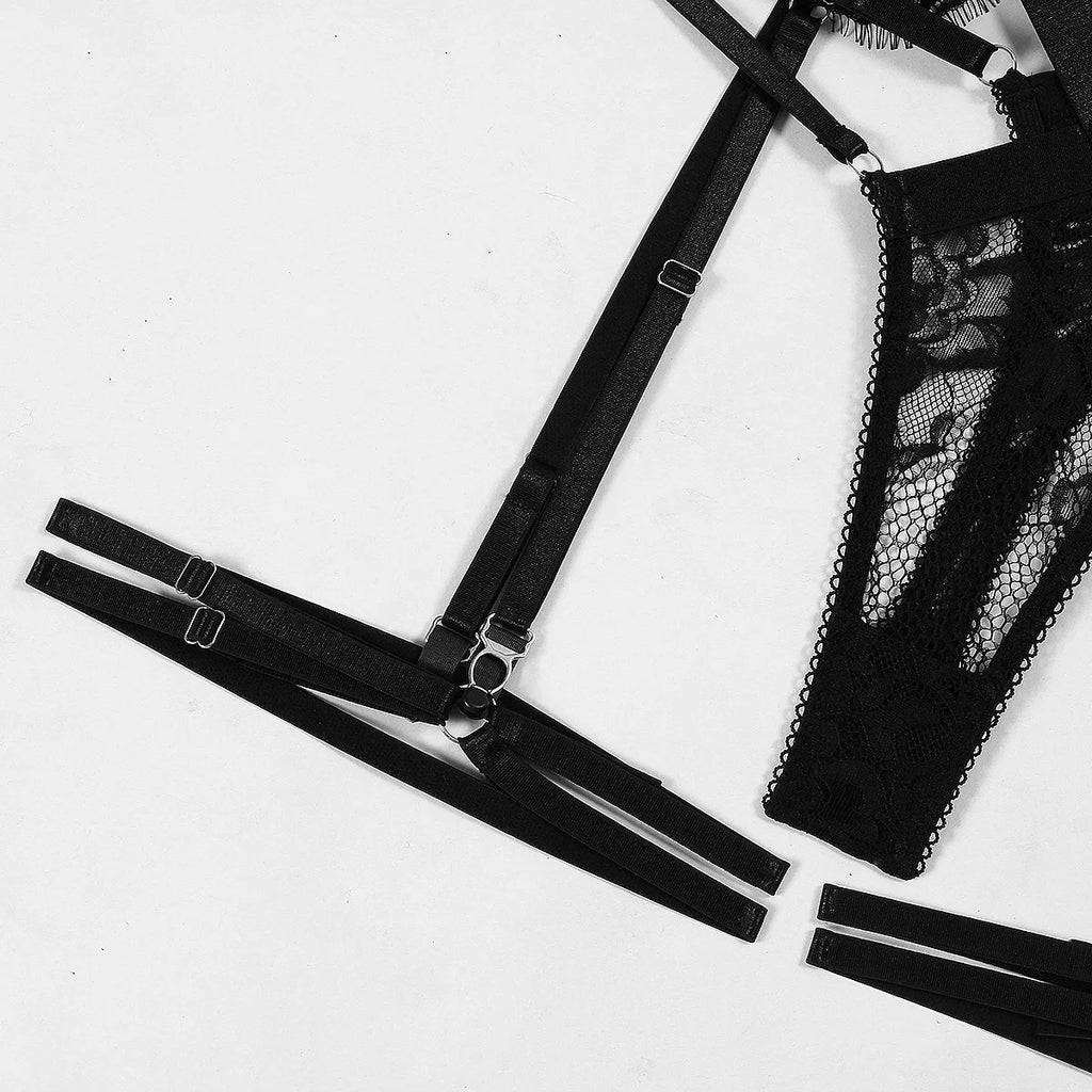 New lace pick-up body sculpting sex set perspective neck sexy underwear four-piece set lace bodysuit body suit sexy lingerie