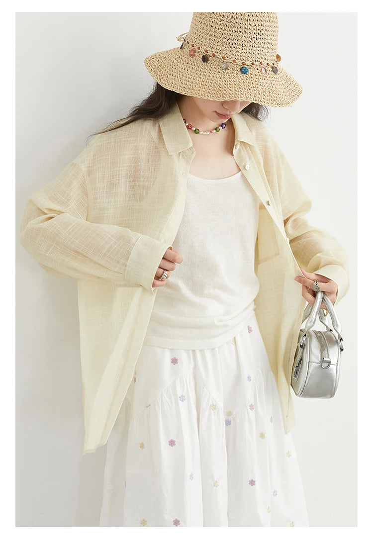 CHIC VEN New Women Shirt Retro Loose Casual Single Breasted Long Sleeve Back Slit Thin Transparent Female Blouses Summer 2025