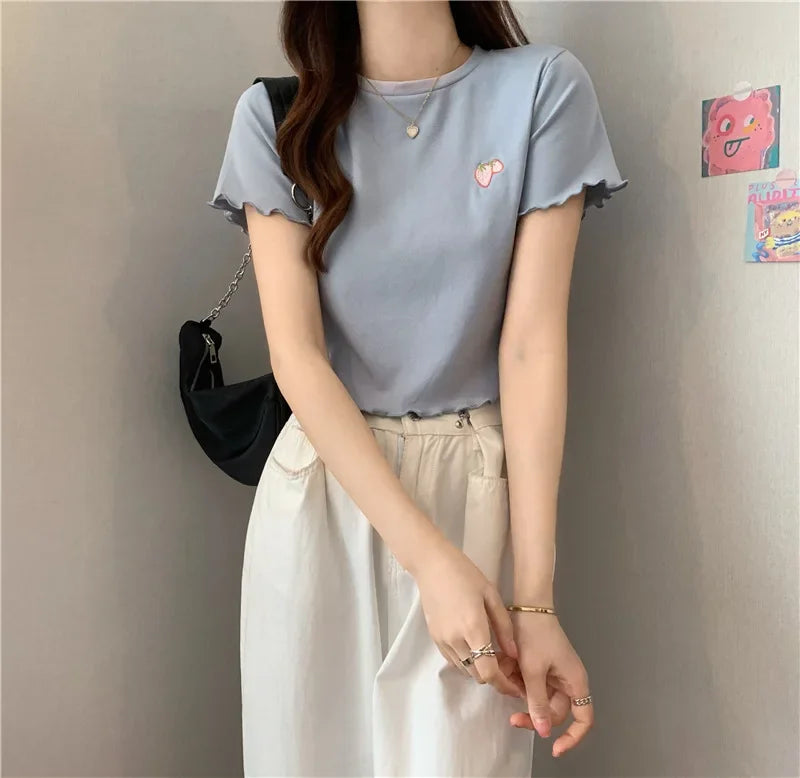 Summer Embroidered Short T-shirt Women Wooden Edge Irregular Slim Short Sleeve Top Plant Pattern Fiber Fabric Elegant Style
