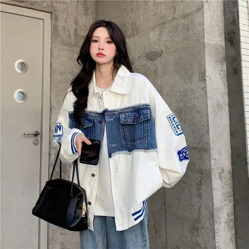 Denim Jacket Embroidered Baseball Uniforms Bomber Jackets Streetwear Harajuku Y2k Tops Trench Coats Hip Hop Long Sleeve Coats