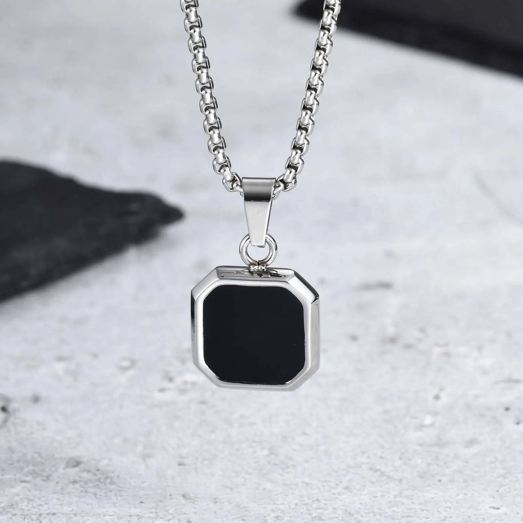 Casual Black Enamel Necklaces for Men,Waterproof Stainless Steel Square Pendant Necklace,Simple Fashion Male Collar Jewelry Gift