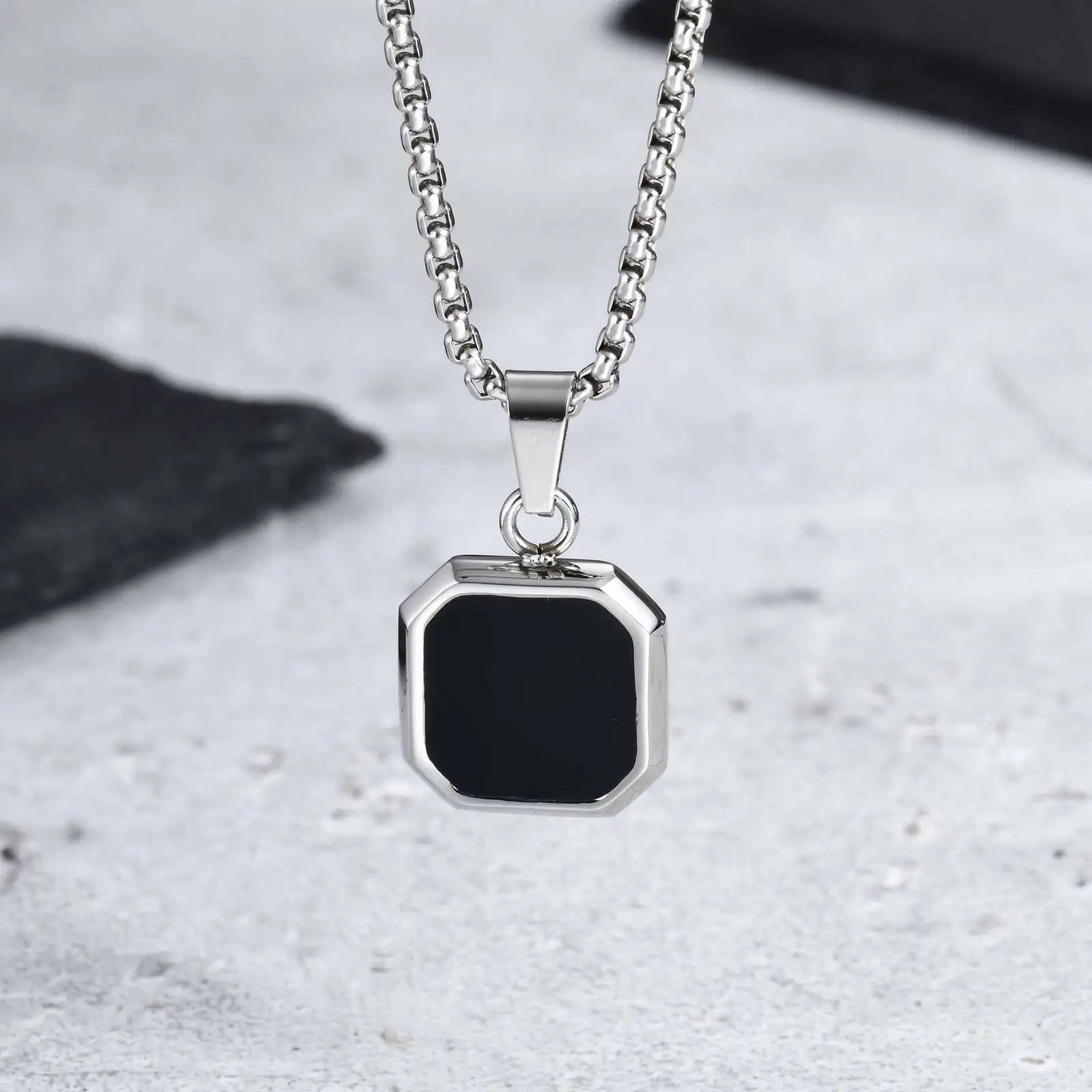 Casual Black Enamel Necklaces for Men,Waterproof Stainless Steel Square Pendant Necklace,Simple Fashion Male Collar Jewelry Gift