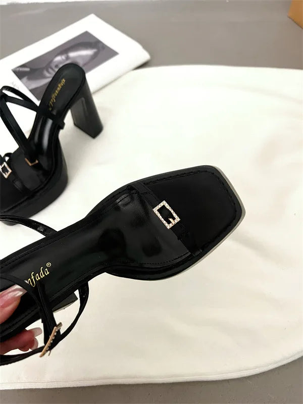 New High-heeled Women's Shoes with Square Toe and Straight Buckle Thick Heel Platform Sandals Shoes for Women