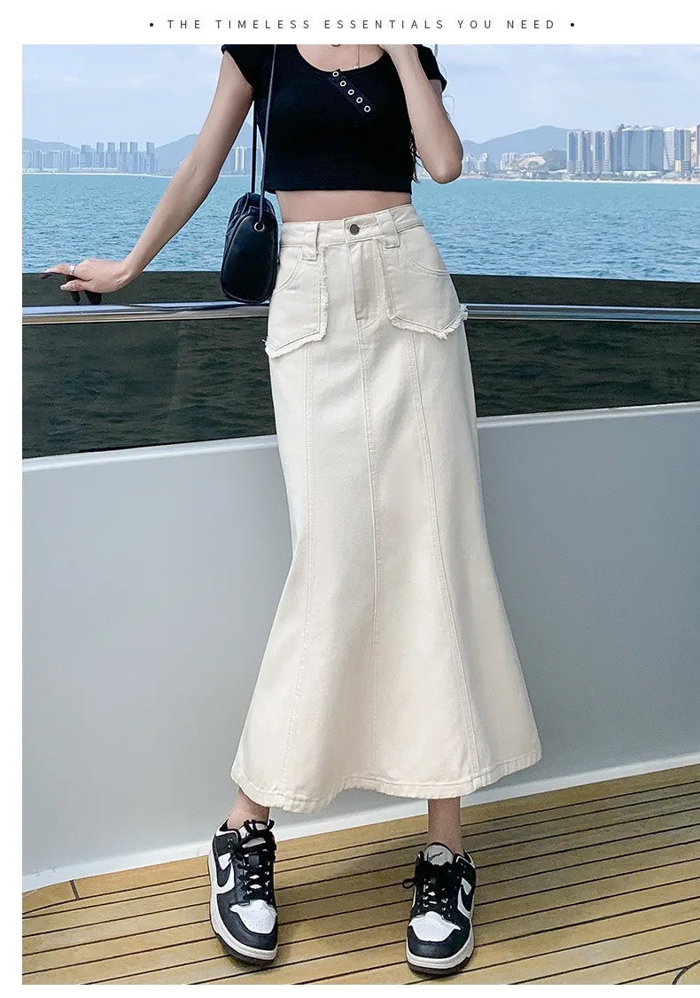 GUUZYUVIZ Denim Skirts Womens Summer Casual High Waisted Pocket Midi Skirt Ladies Korean Fashion Mermaid Skirt Female
