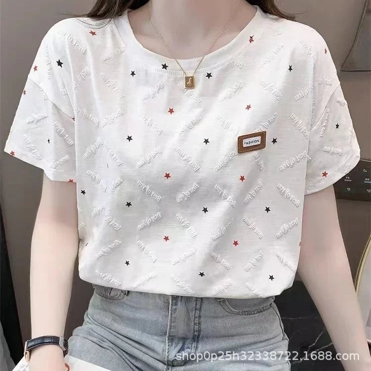 Summer Women's Loose-Fit Plus Size White Half-Sleeve T-Shirt New Style Casual Crew Neck Decorative Bodysuit Top Ins Trendy