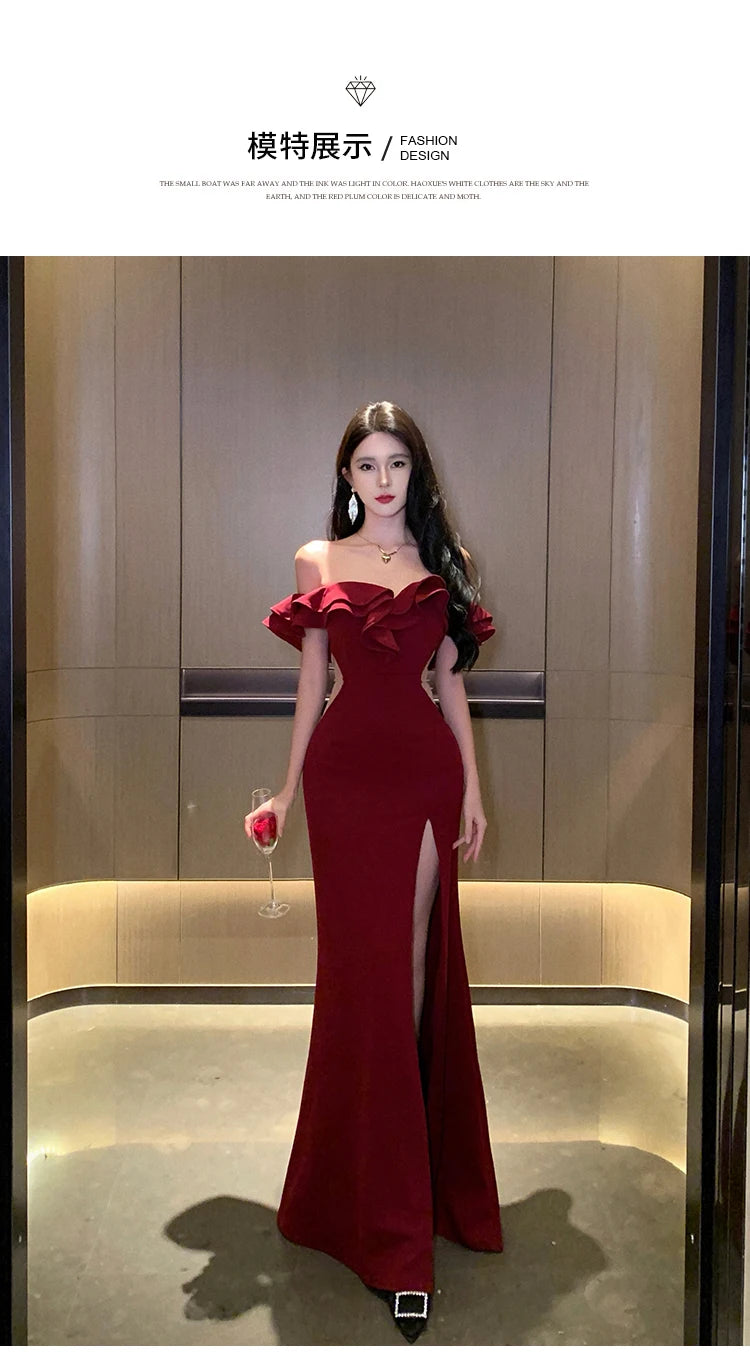 Women Sexy Bodycon Off Shoulder High Split Long Dresses Wedding Evening Party Prom Robe Ruffles Slash Neck Summer New Vestidos