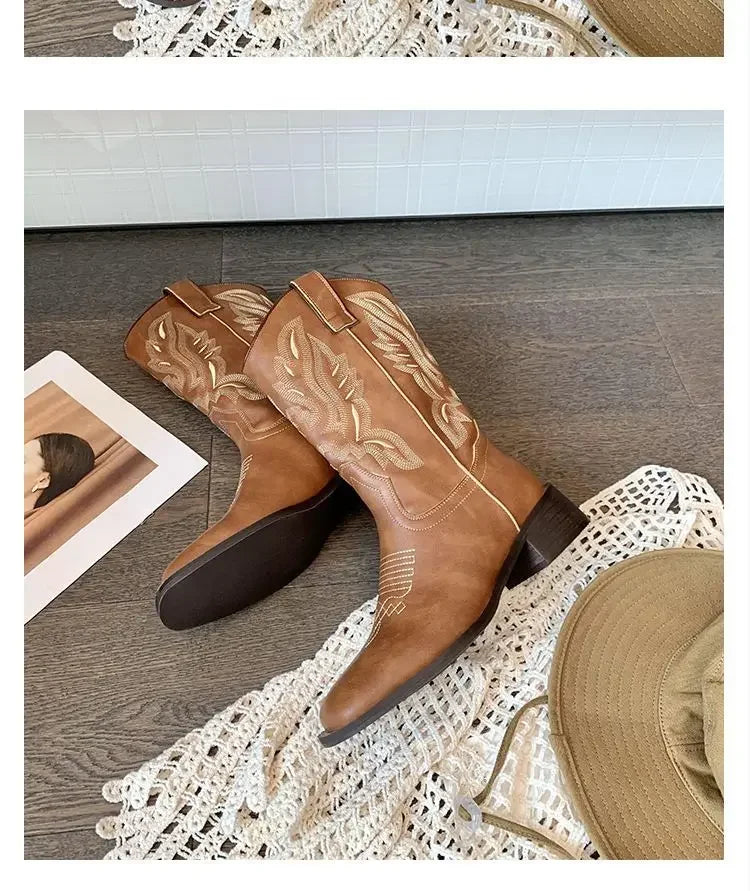Fall Women Mid-calf Boots 2025 Vintage Leather-covered Brown Western Cowboy Boots Embroidered Chunky Heel Thigh-high Knight Boot