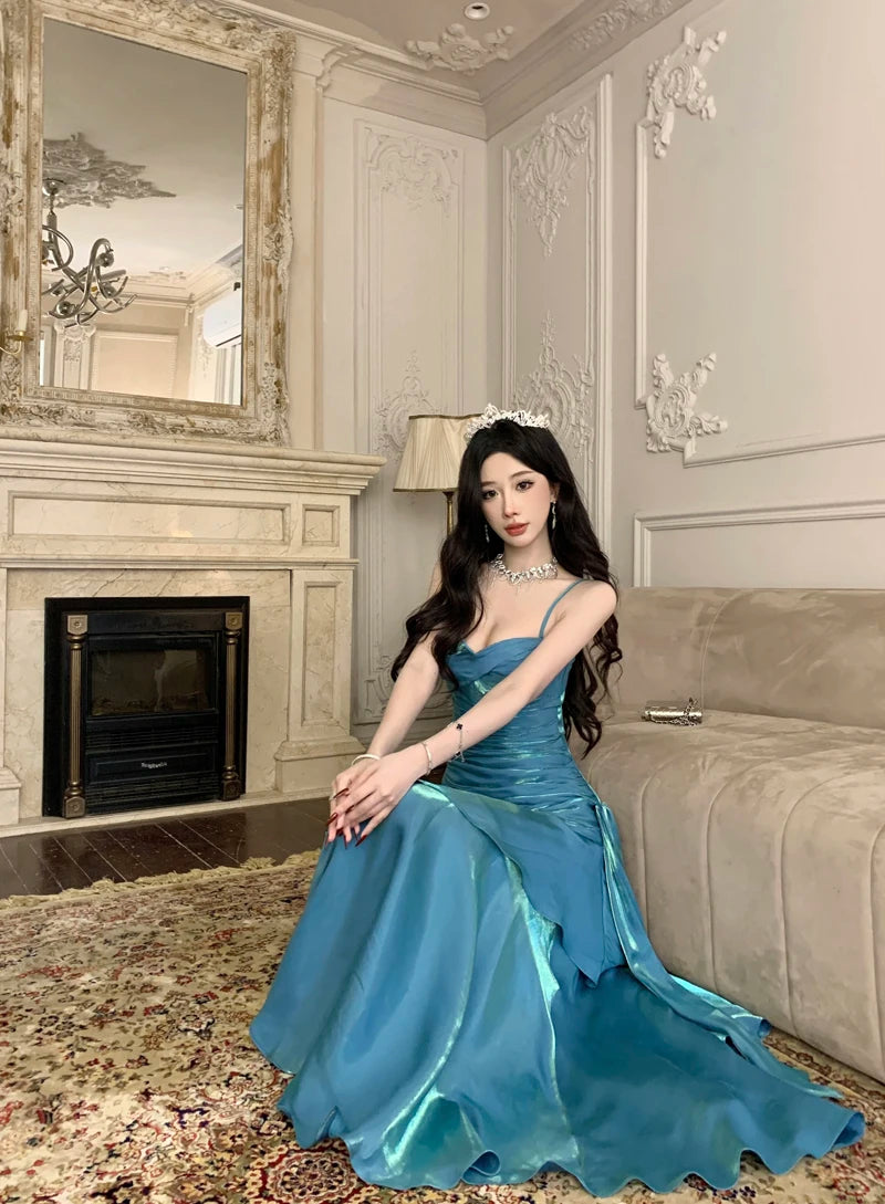 Sexy Shiny Glitter Mermaid Evening Party Prom Gowns Spring Summer Spaghetti Strap Ruffled Dresses Sleeveless Slim Waist Robe