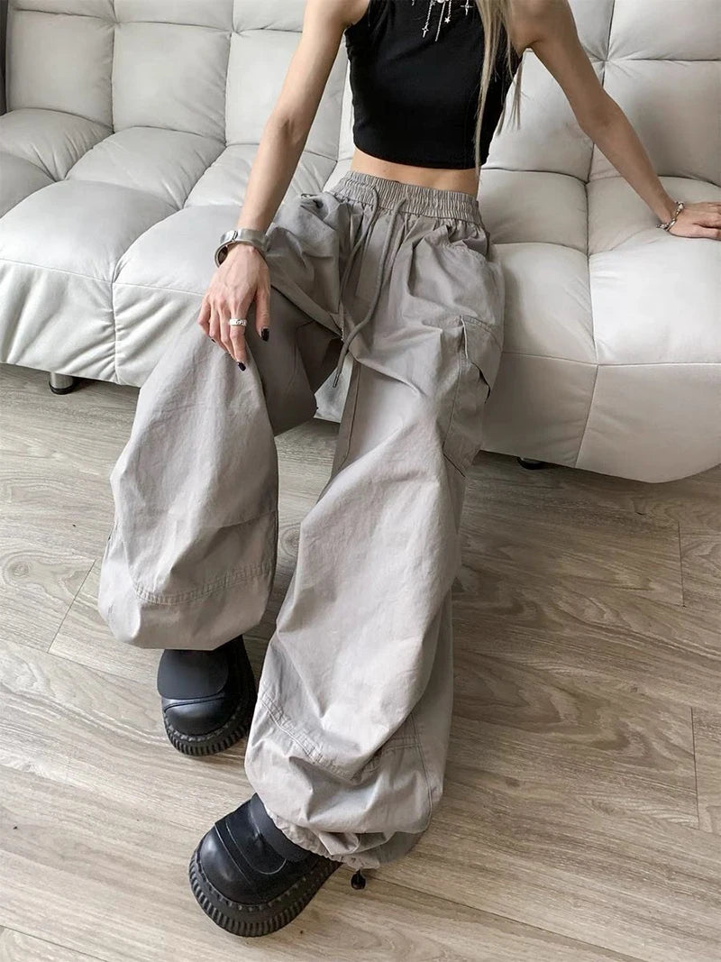 Zoki Loose Vintage Y2K Cargo Pants Women Streetwear American High Waist Trousers Casual Big Pockets Bf Retro Harajuku Pants New