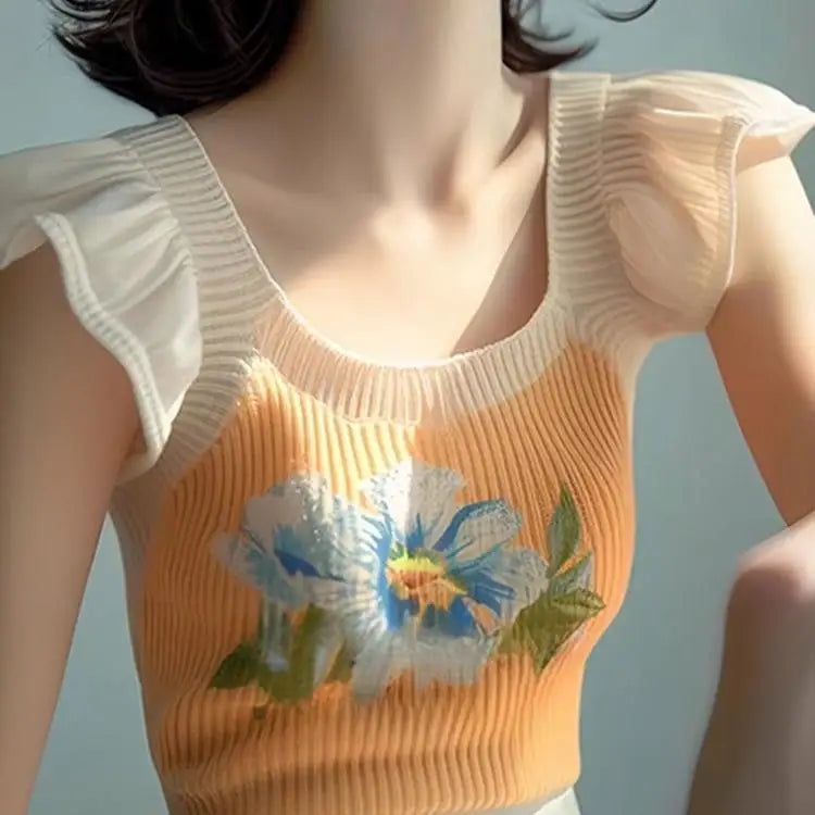 Yellow Rose Printed Knitted Splicing Ruffled Short-sleeved T-shirt for Women 2025 New Summer Niche Non-contrast Top