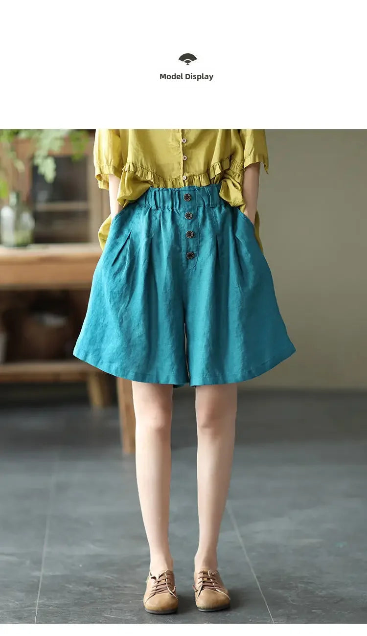 Vintageartistic High-waisted Slimming Cotton Linen Shorts For Women Casual Loose-fit Bell Bottoms 2024 New Style