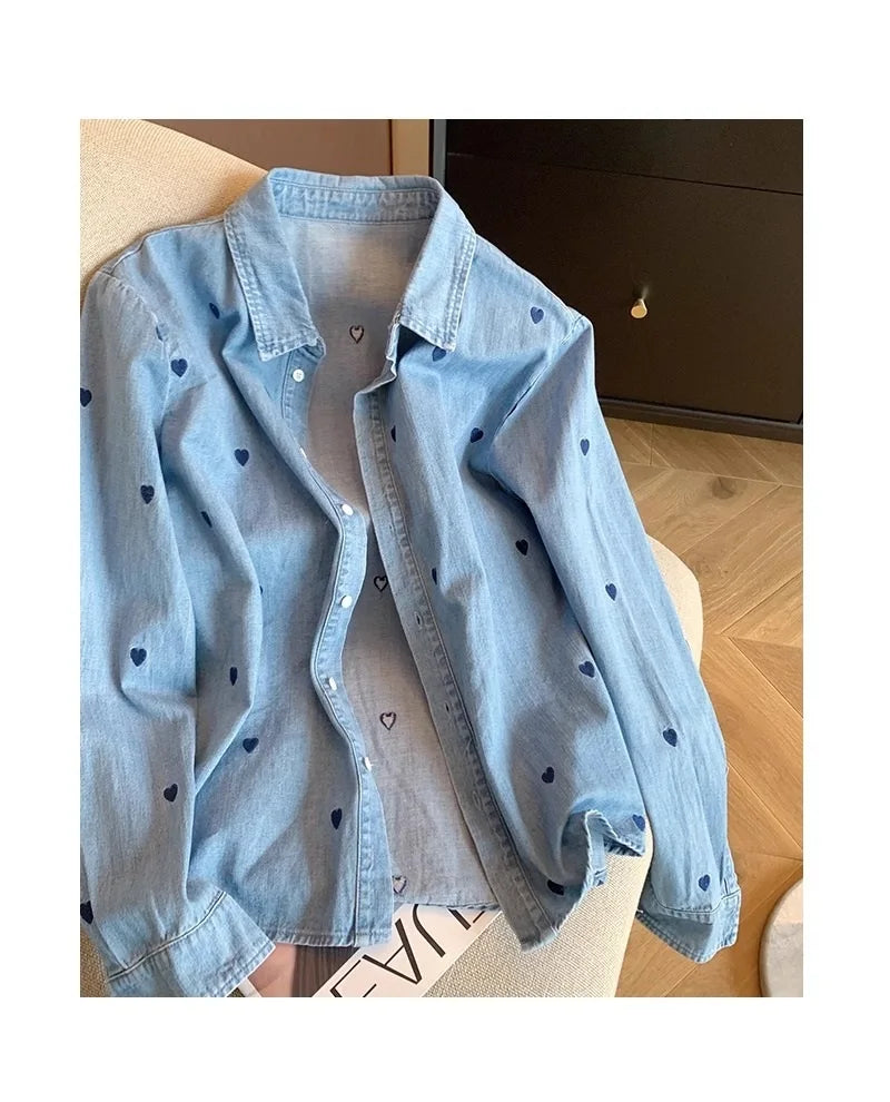 American Retro Blue Soft Denim Shirt Women's Spring Autumn Heart Print Thin Coat Casual Versatile Loose Long Sleeve Top Shirt