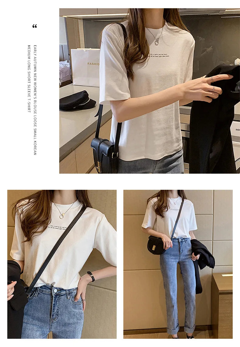 2024 Summer New Style Women's Short Sleeve T-Shirt Loose Fit Korean Version Round Neck Base Layer Top Trendy Women's T-Shirt