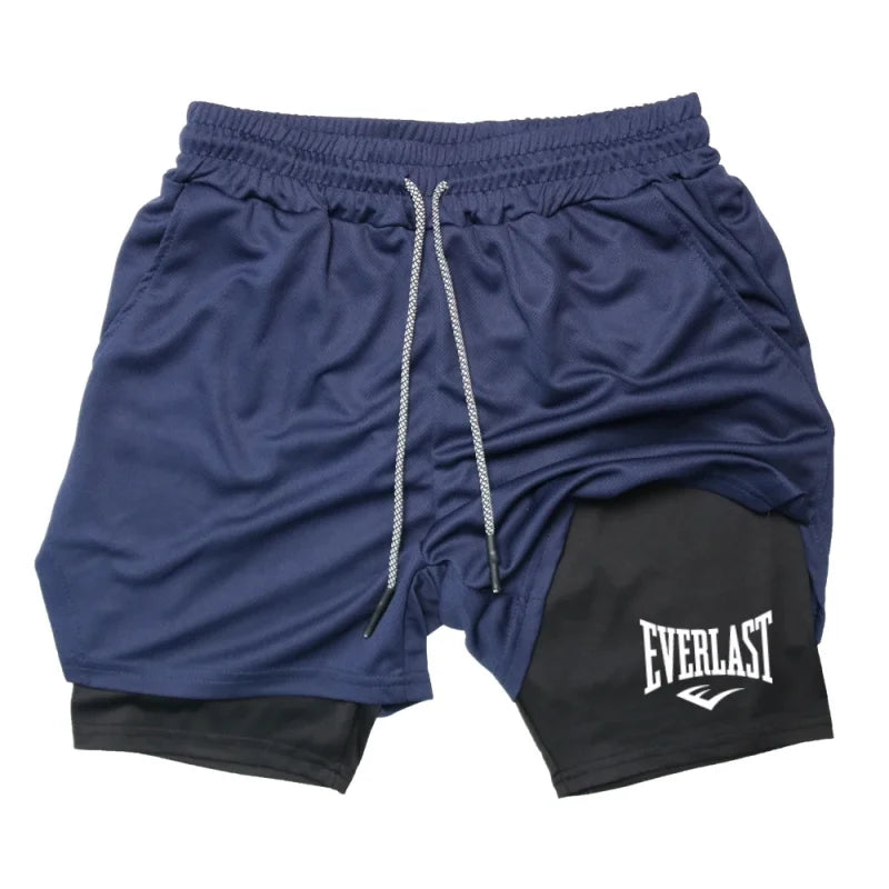 Men's compression gym shorts, EVERLAST printed sports pants, double layered, quick drying, basketball, beach, muscle, fitness