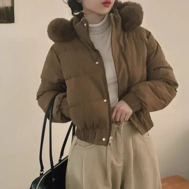 South korea Chic Autumn and Winter Fur Collar Hood Short down Coat Women Fashion Thick Warm Fleece-lined Cotton-padded jacket...