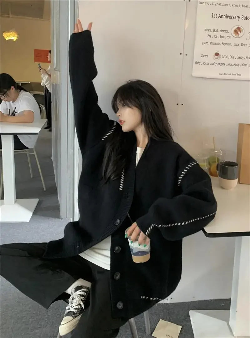 Autumn and Winter Lazy Style V-neck Knitted Sweater Cardigan Women Korean Version Loose Casual All-match Sweater Cardigan Coat