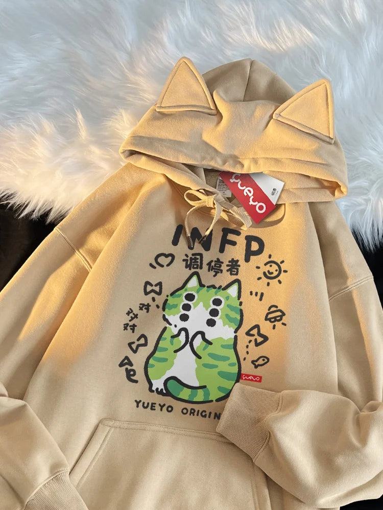 Original Fce-lined Hoodie Men's Spring MBTI Mediator INFP  Ear Design Comfortable Loose Fit Youthful Trendy Polyester C...