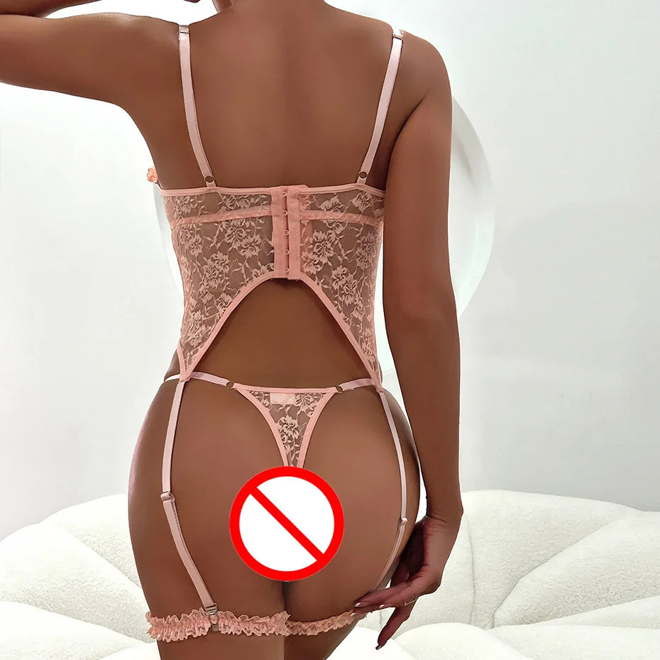 Sheer Pink Lingerie Set Frilled Lace Bralette Transparent High Waist Panty Garter Belt Bridal Romantic Seductive Underwear Women