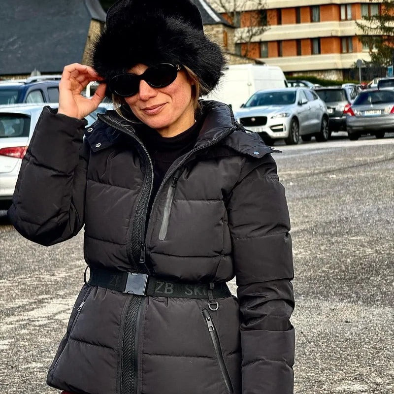 Fashion Hooded Padded Coats With Belt Women Slim Stand Collar Full Sleeve Pocket Coat Winter Lady Thicken Warm Skiing Jacket