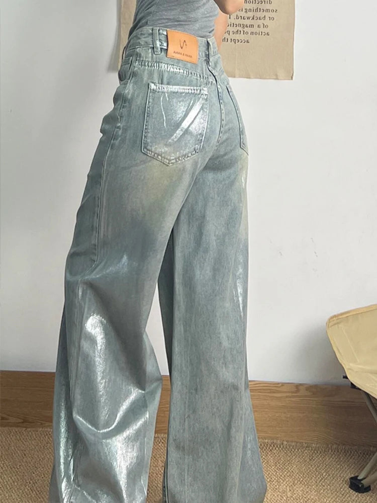 Grey Jeans Women 90s Vintage Personality High Waisted Straight Trouser Streetwear Casual Loose Girl Wide Leg Classic Denim Pants