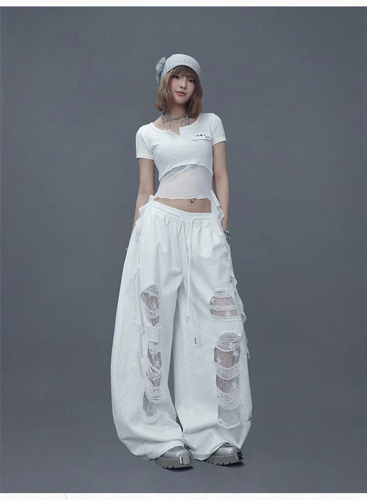 CBXLAB Street Dance Women'sWhite denim patchwork distressed dance pants with long design for jazz dancers, spicy and casual