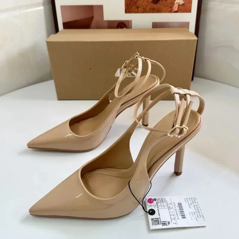 Nude Patent Leather Ankle Strap Buckle Women Pumps Sexy Pointed Toe Stiletto Heels Summer Stiletto Heels Party Shoes Sandalias