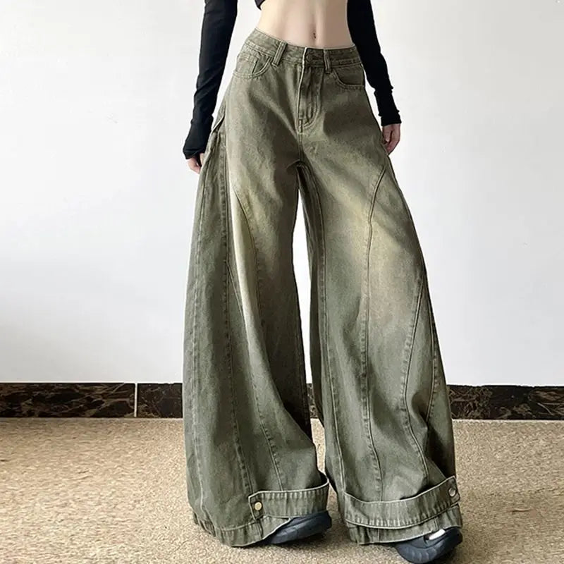 Retro Fashion Old-segmented Denim Cargo Pants Low Waist Loose American Street Harajuku Casual Jeans Women Unisex Wide-leg Pants
