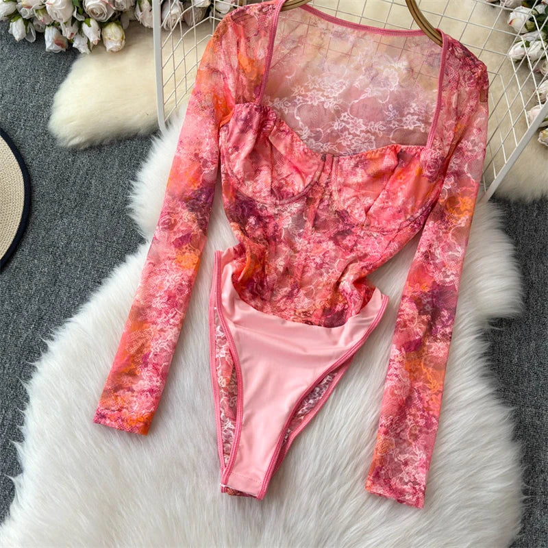 Women's Green Lace Jumpsuits Vintage Skinny Playsuits Harajuku Long Sleeve Square Collar Exotic Sexy Rompers Coquette Clothes