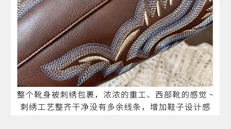 Fall Women Mid-calf Boots 2025 Vintage Leather-covered Brown Western Cowboy Boots Embroidered Chunky Heel Thigh-high Knight Boot